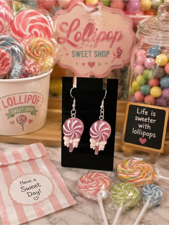 Handmade Jewelry - Pink Swirl Lollipop Drop Earrings - Cute Candy-Inspired Earrings